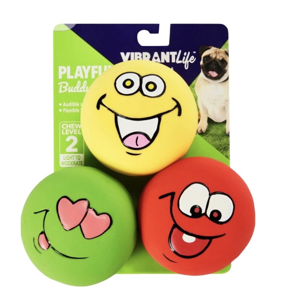 Lot of (34) - 3 Pack Vibrant Life Playful Emoticon Squeeky Rubber Dog Chew Toys